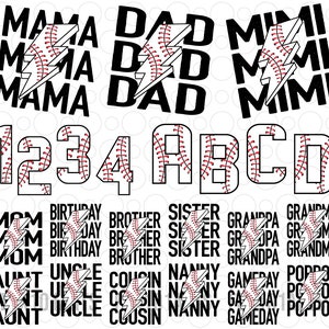 Puede incluir: Una hoja de diseño digital con varios diseños de texto con temática de béisbol. Los diseños incluyen las palabras "Mama", "Dad", "Mimi", "Mom", "Birthday", "Brother", "Sister", "Grandpa", "Grandma", "Aunt", "Uncle", "Cousin", "Nanny", "Gameday", y "Poppop". Los diseños están en blanco y negro con un gráfico de béisbol rojo.
