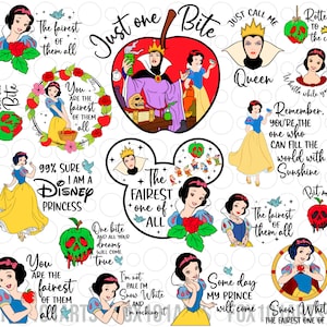 Puede incluir: Una colección de 14 imágenes de clipart digital con Blancanieves y la Reina Malvada de la película de Disney Blancanieves y los Siete Enanitos. Las imágenes incluyen varias citas de la película, como "Just One Bite", "The Fairest of Them All" y "Remember, You're the One Who Can Fill the World with Sunshine".