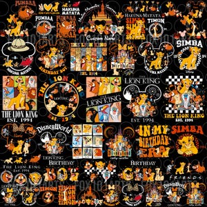 Puede incluir: Un collage digital colorido con varias imágenes de la película El Rey León. El collage incluye personajes como Simba, Pumbaa y Timón, así como frases icónicas como "Hakuna Matata" y "El Rey León". El collage también incluye imágenes de Disney World y Disneyland.