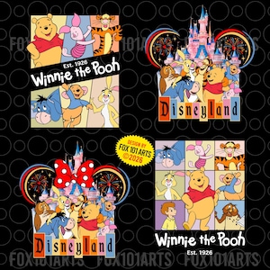 May include: Four colorful designs featuring Winnie the Pooh and friends, including Tigger, Piglet, and Eeyore. The designs include the text "Winnie the Pooh" and "Disneyland". The background is black with a repeating circle pattern.