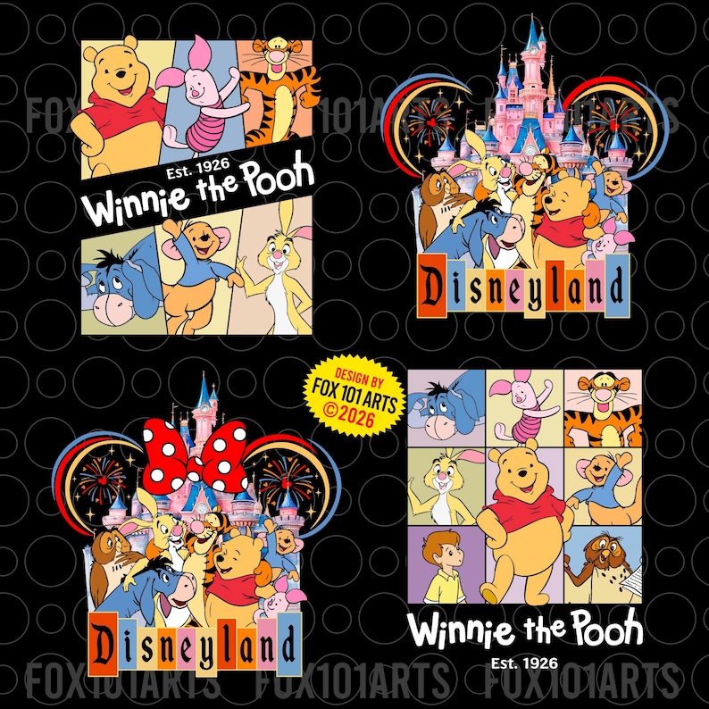 May include: Four colorful designs featuring Winnie the Pooh and friends, including Tigger, Piglet, and Eeyore. The designs include the text "Winnie the Pooh" and "Disneyland". The background is black with a repeating circle pattern.