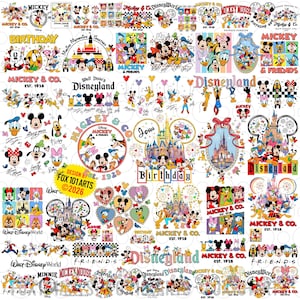 Puede incluir: Una colección de gráficos coloridos con temática de Disney, con Mickey Mouse, Minnie Mouse, Donald Duck y otros personajes. Los diseños incluyen texto como "Birthday", "Disneyland" y "Mickey & Co." en varias fuentes. Ideal para manualidades.
