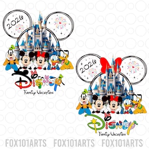以下が含まれることがあります： 象徴的なお城、ミッキーマウスやミニーマウスなどのキャラクター、そして「Disney Family Vacation 2026」の文字が特徴の2つのディズニーをテーマにしたデザイン。デザインには花火とミッキーマウスの耳が含まれています。