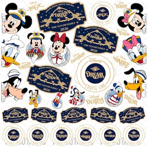 Puede incluir: Una hoja de pegatinas con personajes de Disney como Mickey, Minnie, Donald, Daisy, Goofy y Pluto con ropa náutica. Incluye etiquetas con el texto Disney Cruise Line, nombres de barcos y The Taylor Family 2026.