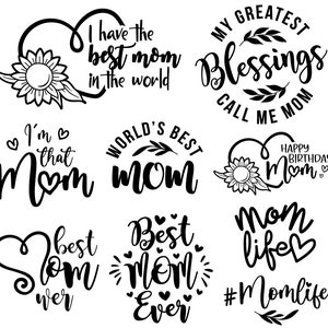 Pode incluir: Uma coleção de designs gráficos em preto e branco com texto celebrando as mães. Os designs incluem frases como "Melhor mãe de sempre", "Minhas maiores bênçãos" e "Eu tenho a melhor mãe do mundo". Alguns designs apresentam corações e elementos florais.