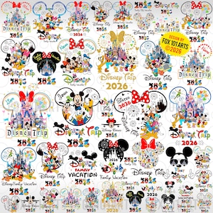 Könnte beinhalten: Eine Sammlung farbenfroher Disney-Designs mit Micky Maus, Minnie Maus und anderen Charakteren. Designs enthalten den Text "Disney Trip 2026" und "Family Vacation 2026" mit Burg- und Feuerwerksgrafiken.
