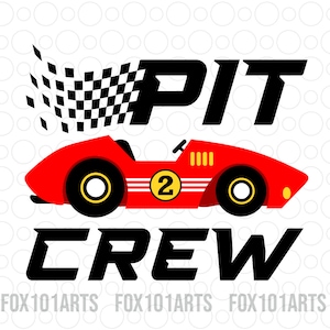 May include: Red racing car with a chequered flag design and the words "PIT CREW" in black. The car has a number "2" on the side.