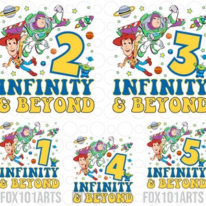 Puede incluir: Un conjunto de cinco diseños digitales coloridos con Woody y Buzz Lightyear de Toy Story. Cada diseño incluye un número del 1 al 5, las palabras "Infinito y más allá", y un fondo blanco con estrellas y planetas.