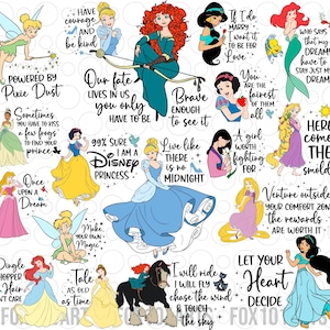 Puede incluir: Un collage digital de personajes de princesas Disney con citas inspiradoras. El collage presenta princesas como Cenicienta, Ariel, Bella, Blancanieves, Rapunzel y Mulan. Las citas incluyen "Ten courage and be kind", "Our fate lives in us, you only have to be brave enough to see it", "Live like there is no midnight", "A girl worth fighting for", "Here comes the smolder", "Venture outside your comfort zone, the rewards are worth it", "Let your heart decide", "I will ride, I will fly, chase the wind and touch the sky", "If I do marry, I want it to be for love", "You are the fairest of them all", "Who says that my dreams have to stay just my dreams", "Powered by pixie dust", "Sometimes you have to kiss a few frogs to find your prince", "Once upon a dream", "Dingle hopper hair, don't care", "Make your own magic", "Tale as old as time", "99% sure I am a Disney princess".