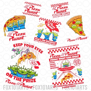 Puede incluir: Una colección de pegatinas gráficas de Pizza Planet con alienígenas verdes de tres ojos, porciones de pizza de pepperoni y cohetes rojos. El texto incluye Pizza Planet, Food & Fun Spaceport, Keep Your Eyes On The Prize y Friday Night Kids Night.