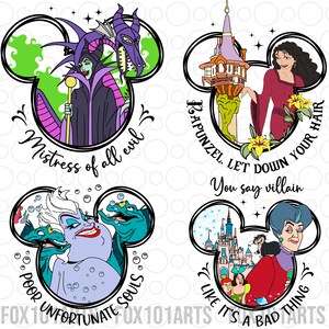 May include: Four Disney villain illustrations in a Mickey Mouse ear shape. The top left image features Maleficent with her dragon form, the top right image features Mother Gothel with Rapunzel's tower, the bottom left image features Ursula with her eels, and the bottom right image features Lady Tremaine with Cinderella's castle. Each image has text around the outside of the Mickey Mouse ear shape.