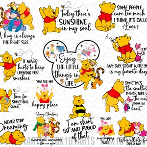 Puede incluir: Una colección de 12 diseños digitales con temática de Winnie de Pooh que presentan varias citas e imágenes. Los diseños incluyen frases como "Un abrazo siempre es del tamaño correcto", "Hoy hay sol en mi alma", "Disfruta de las pequeñas cosas de la vida" y "Nunca dejes de soñar".