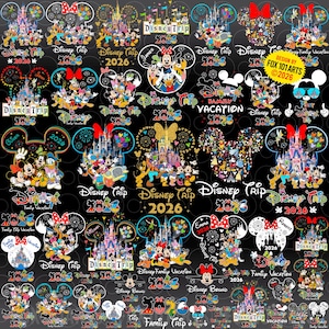 Puede incluir: Un fondo negro con múltiples diseños de cabezas de Mickey Mouse, cada uno mostrando personajes de Disney, castillos y fuegos artificiales. El texto incluye "Disney Trip 2026" y "Family Vacation". También hay nombres como James, Oliver, Emma y Robert.