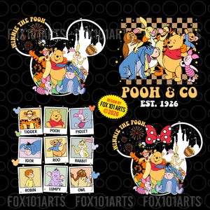 May include: A black graphic featuring Winnie the Pooh and friends. The design includes the text "WINNIE THE POOH" and "POOH & CO EST. 1926". The image also showcases individual character portraits of Tigger, Pooh, Piglet, Eeyore, Roo, Rabbit, Robin, Lumpy, and Owl.