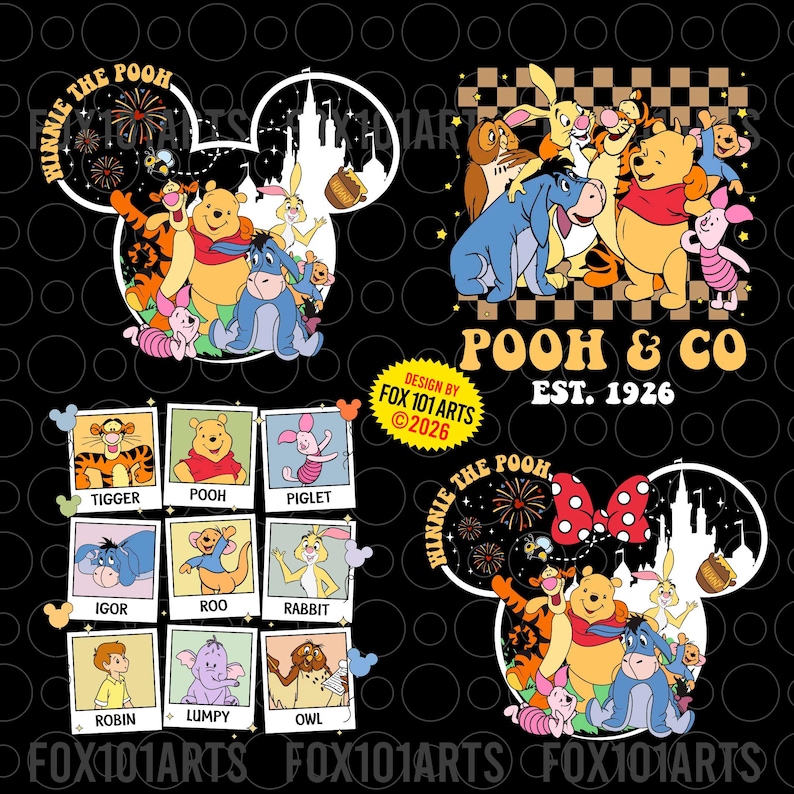 May include: A black graphic featuring Winnie the Pooh and friends. The design includes the text "WINNIE THE POOH" and "POOH & CO EST. 1926". The image also showcases individual character portraits of Tigger, Pooh, Piglet, Eeyore, Roo, Rabbit, Robin, Lumpy, and Owl.