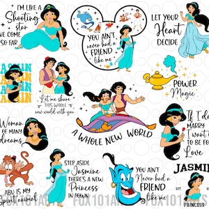 May include: A collection of Jasmine-themed graphics with quotes like "I'm like a shooting star" and "A whole new world." The images feature Jasmine, Aladdin, Genie, and Abu in various poses, with a gold lamp and a magic carpet.