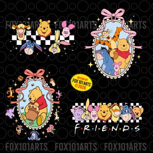 May include: A black graphic featuring multiple images of Winnie the Pooh characters. The images include Pooh, Piglet, Tigger, Eeyore, and Rabbit. The word "FRIENDS" is at the bottom. The design is by Fox 101 Arts.