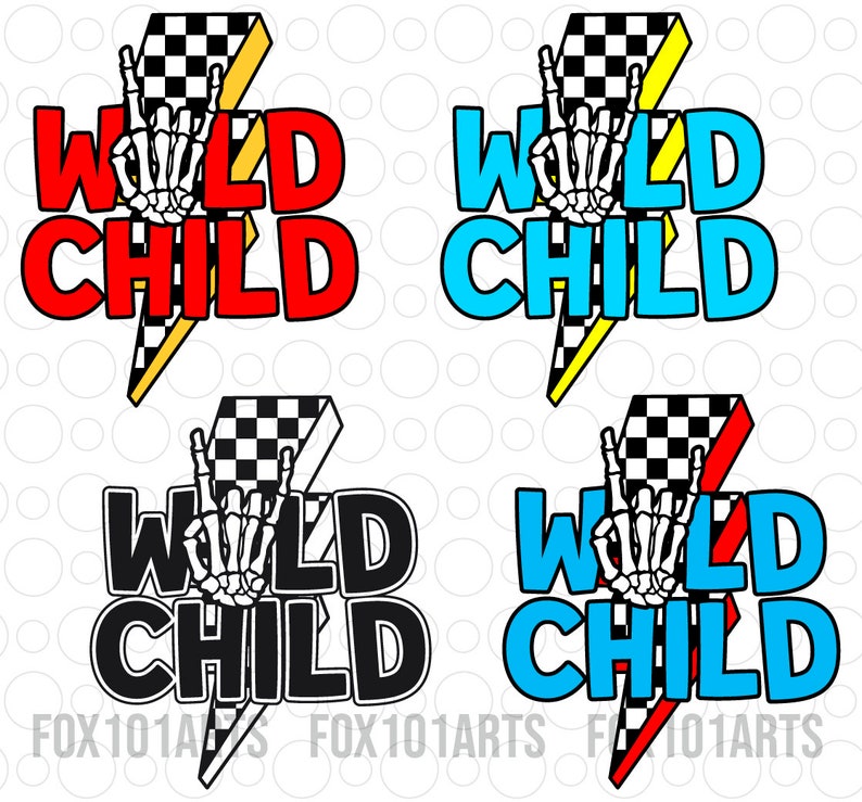May include: Four different color variations of a graphic design featuring a lightning bolt with a checkered flag pattern and the text "WILD CHILD" in a bold, blocky font. The lightning bolt has a skeleton hand with a rock and roll hand gesture.