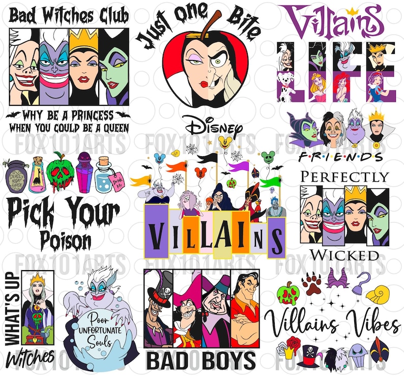May include: A collection of graphic designs featuring Disney villains. The designs include text such as "Bad Witches Club", "Villains Life", and "Pick Your Poison". The images are colorful and feature various villain characters.