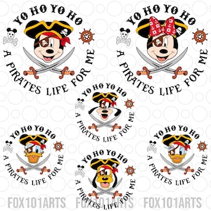 Puede incluir: Cinco personajes de dibujos animados diferentes que llevan sombreros de pirata y parches en el ojo. Cada personaje está rodeado de un círculo con el texto "Yo Ho Yo Ho A Pirates Life For Me".