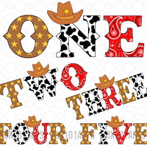 May include: A set of colourful numbers with a cowboy theme. The numbers are decorated with cow print, red bandana print, and yellow stars. Each number has a small cowboy hat on top.