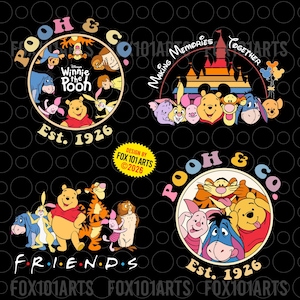 May include: Black graphic featuring Winnie the Pooh characters in various designs. Includes the text "Pooh & Co. Est. 1926", "Making Memories Together", and "Friends". Designed by Fox 101 Arts in 2026.