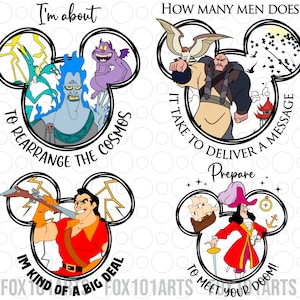 Puede incluir: Cuatro personajes de villanos de Disney en marcos con forma de orejas de Mickey Mouse con texto. Hades de Hércules, el Capitán Garfio de Peter Pan, Gastón de La Bella y la Bestia y Shan Yu de Mulan. El texto dice "Estoy a punto de reorganizar el cosmos", "Soy un gran problema", "¿Cuántos hombres se necesitan para entregar un mensaje? ¡Prepárate para encontrarte con tu destino!" y "Se necesita para entregar un mensaje. ¡Prepárate para encontrarte con tu destino!"