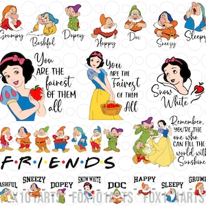 May include: A digital illustration of Snow White and the Seven Dwarfs. The image includes a portrait of Snow White with the text "You are the fairest of them all". The Seven Dwarfs are depicted in a row with the text "FRIENDS" below them. Individual portraits of each dwarf are also included with their names: Grumpy, Bashful, Dopey, Happy, Doc, Sneezy, and Sleepy. The image also includes a portrait of Snow White with the text "Snow White" and "Remember, you're the one who can fill the world with sunshine".