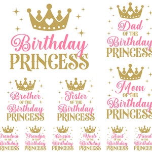 Puede incluir: Un conjunto de 10 diseños imprimibles con coronas doradas y el texto "Birthday Princess" con variaciones para miembros de la familia como "Dad of the Birthday Princess" y "Sister of the Birthday Princess".