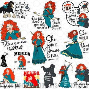 Puede incluir: Un conjunto de clipart digital con Merida de la película Brave. Las imágenes incluyen a Merida con su arco y flecha, un oso y varias citas de la película. Las imágenes son de estilo de dibujos animados y son perfectas para proyectos de manualidades.
