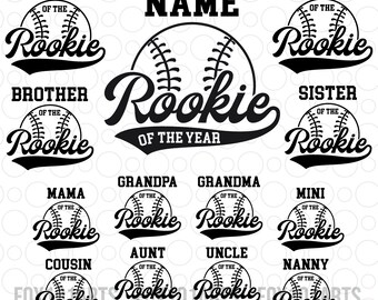 May include: A set of 12 baseball-themed designs featuring the text "Rookie of the Year" with various family member titles, such as "Daddy", "Mommy", "Brother", "Sister", "Grandpa", "Grandma", "Mama", "Mini", "Cousin", "Aunt", "Uncle", and "Nanny".