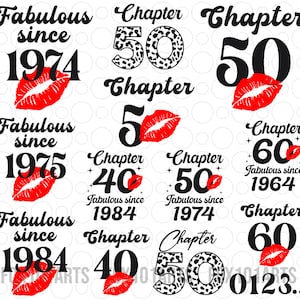 May include: A selection of black and white text designs featuring red lip graphics. The phrases include "Fabulous since" followed by a year, and "Chapter" with a number. Some numbers have a leopard print pattern.