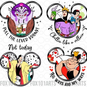 Könnte beinhalten: Vier Disney-Schurkenfiguren in Mickey-Mouse-Ohren mit Text. Das Bild oben links zeigt eine lilafarbene Frau mit einer Krone und dem Text "PULL THE LEVER KRONK! Not today". Das Bild oben rechts zeigt eine Frau in einem lila Kleid mit einer Krone und dem Text "Chillin like a villain". Das Bild unten links zeigt eine Frau in einem schwarzen Kleid mit einem gelben Pelzmantel und dem Text "FOX 10". Das Bild unten rechts zeigt eine Frau in einem roten Kleid mit einer Krone und dem Text "All ways are my ways FOX101ARTS".