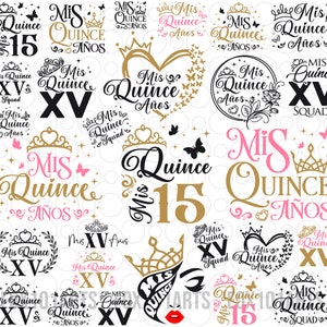 Puede incluir: Una colección de archivos de corte digital con el texto "Mis Quince" en varios estilos y colores. Los diseños incluyen coronas, mariposas, corazones y el número 15. El texto "Mis Quince" es una frase en español que se traduce como "Mi 15 cumpleaños".