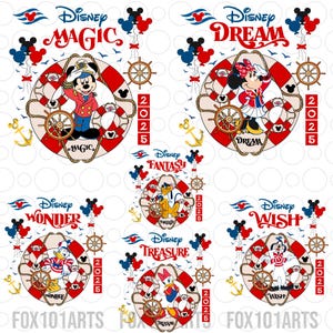 Puede incluir: Seis diseños diferentes de barcos de crucero de Disney con Mickey Mouse, Minnie Mouse, Donald Duck, Goofy, Pluto y Chip y Dale. Cada diseño presenta una boya salvavidas con un timón, un ancla y el año 2025. Los barcos se llaman Disney Magic, Disney Dream, Disney Fantasy, Disney Wonder, Disney Treasure y Disney Wish.