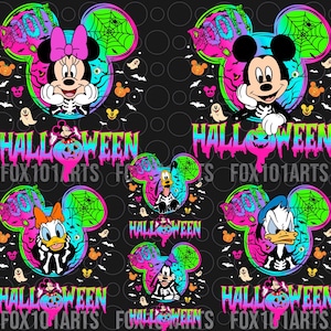 Puede incluir: Un patrón sin costuras que presenta varios personajes de Disney disfrazados para Halloween. Los personajes incluyen a Mickey Mouse, Minnie Mouse, Donald Duck y Goofy. El fondo es negro con lunares y un esquema de color verde, rosa y morado. El texto "BOO!" y "HALLOWEEN" aparece en todo el patrón.
