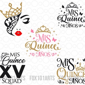 May include: Four different designs for a Quincea&ntilde;era celebration. The designs feature the text "Mis Quince" and "A&ntilde;os" in gold and pink lettering with a crown and butterflies. One design also includes the text "XV" in black lettering.
