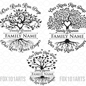Pode incluir: Design gráfico em preto e branco de uma árvore com raízes e folhas. O texto "Our Roots Run Deep" está acima da árvore, e o texto "Our Love Runs Deeper" está abaixo da árvore. O texto "Family Reunion" está no centro da árvore, e o texto "FAMILY NAME" está abaixo do texto "Family Reunion".