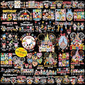Puede incluir: Un fondo negro está lleno de varios gráficos temáticos de Mickey Mouse y Disney. Los diseños incluyen a Mickey, Minnie, Donald y Goofy, junto con el logotipo de Disneyland y el texto "Birthday."