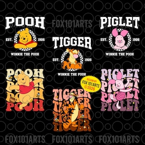May include: A black background featuring several graphic designs of Winnie the Pooh characters. Designs include Pooh, Piglet, and Tigger, with text that reads "POOH", "PIGLET", and "TIGGER". The designs also include the text "Winnie the Pooh" and "EST. 1926".
