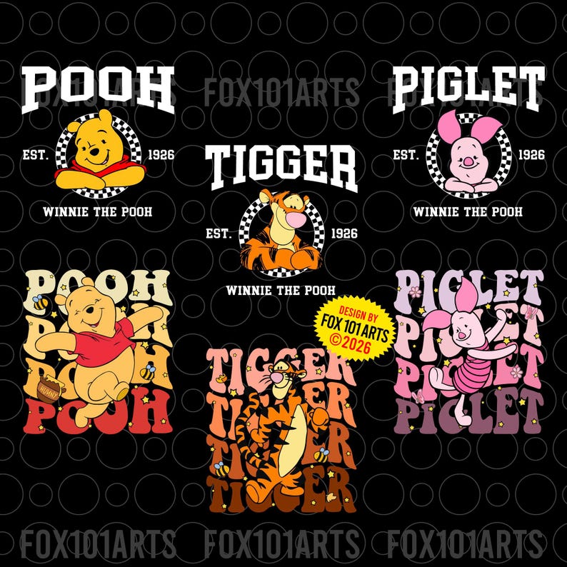 May include: A black background featuring several graphic designs of Winnie the Pooh characters. Designs include Pooh, Piglet, and Tigger, with text that reads "POOH", "PIGLET", and "TIGGER". The designs also include the text "Winnie the Pooh" and "EST. 1926".