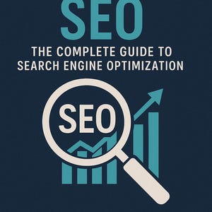 May include: Book cover titled "Mastering SEO" with white and teal text on a dark blue background. The title is at the top, followed by "SEO" in large teal letters. A magnifying glass with "SEO" inside is in the center, with an upward arrow.