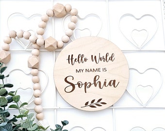 Engraved Baby Name Sign: Wooden Birth Announcement Disc