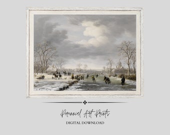 Skating Art Vintage Christmas Wall Art River Ice Skating Wall Decor Snow For Living Room Festive Wall Art Holiday