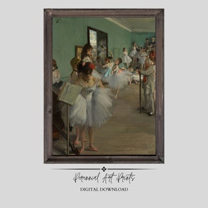 May include: A painting of a ballet class in a light green room. The dancers are wearing white tutus and are practicing their moves. The instructor is standing in the back of the room, watching the dancers.