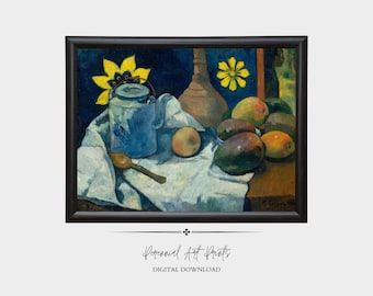 Still Life Print | Vintage Kitchen Wall Art | Fruit & Teapot Painting | Rustic Food Decor | Digital Download