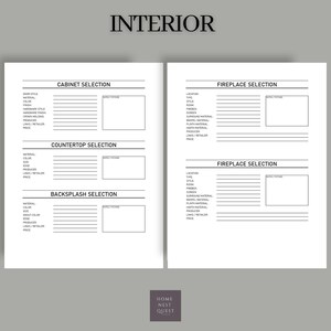 Puede incluir: Una lista de verificaci&oacute;n de planificaci&oacute;n de dise&ntilde;o de interiores imprimible con secciones para selecciones de gabinetes, encimeras, salpicaduras y chimeneas. Cada secci&oacute;n incluye campos para el material, el color, el tama&ntilde;o, el estilo, el productor, los enlaces y el precio.