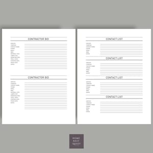 May include: A printable contractor bid and contact list template. The template has sections for service, company, contact name, phone, email, web, material cost, labour cost, total costs, starting date, finish date, and notes.