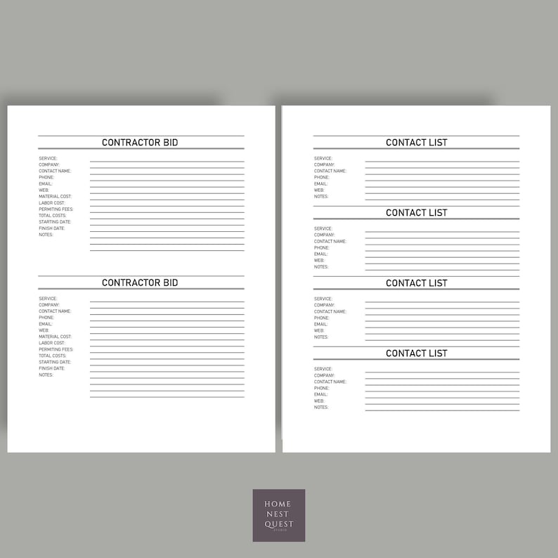 May include: A printable contractor bid and contact list template. The template has sections for service, company, contact name, phone, email, web, material cost, labour cost, total costs, starting date, finish date, and notes.