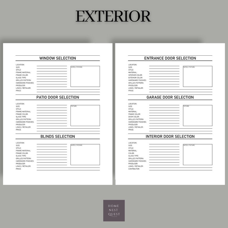 Puede incluir: Una lista de verificaci&oacute;n imprimible en blanco y negro para planificar renovaciones exteriores del hogar. La lista de verificaci&oacute;n incluye secciones para la selecci&oacute;n de ventanas, puertas de patio, persianas, puertas de entrada, puertas de garaje y puertas interiores. Cada secci&oacute;n tiene campos para la ubicaci&oacute;n, el tama&ntilde;o, el estilo, el material, el color, el tipo de vidrio, el patr&oacute;n de la rejilla, los acabados de hardware, el fabricante, los enlaces/minoristas y el precio.